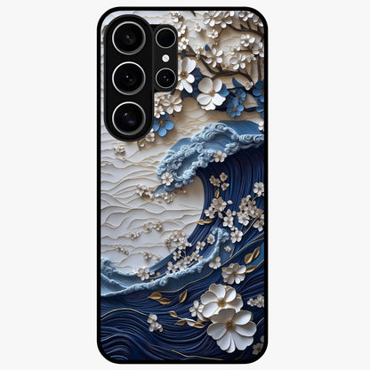 Floral Wave Origami Glass Case showing flat back view with origami inspired floral wave artwork and glossy glass finish.