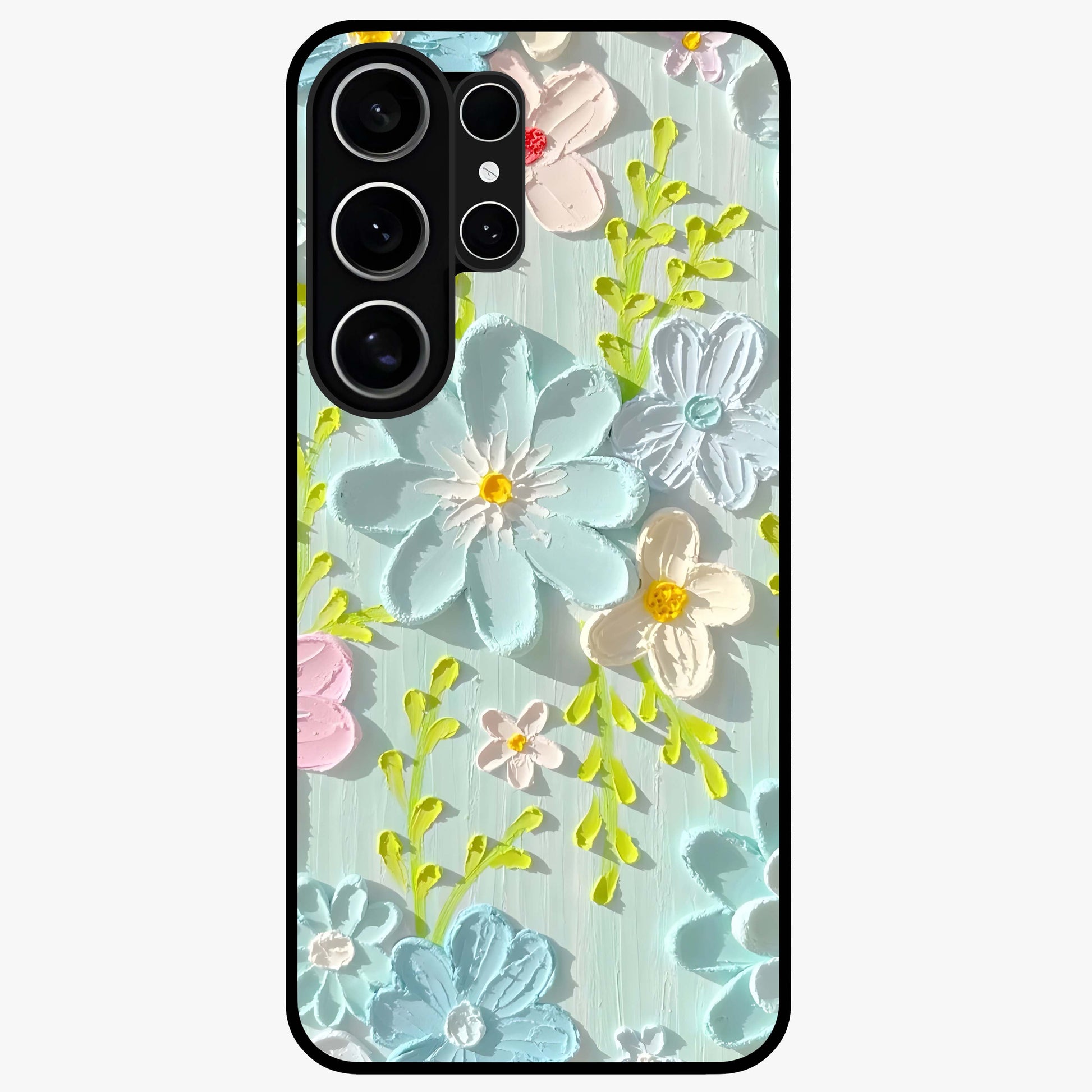 Frosted Petal Garden Glass Case showing flat back view with soft frosted floral artwork and glossy glass finish.