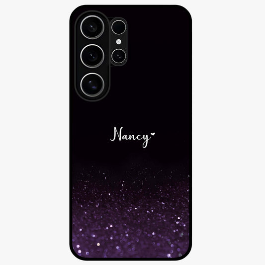 Glittery Purple Bokeh Custom Name Glass Case showing flat back view with purple bokeh sparkle artwork and personalized name design.