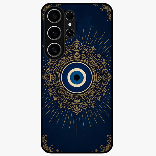 Golden Evil Eye Mandala Glass Case showing flat back view with intricate evil eye mandala artwork and glossy glass finish.