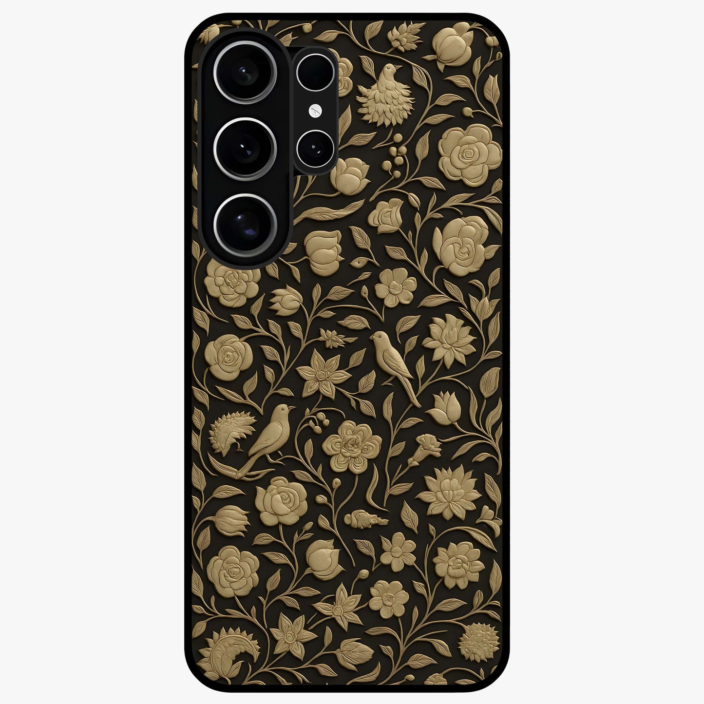 Golden Floral Majesty Glass Case showing flat back view with luxurious golden floral artwork and glossy glass finish.