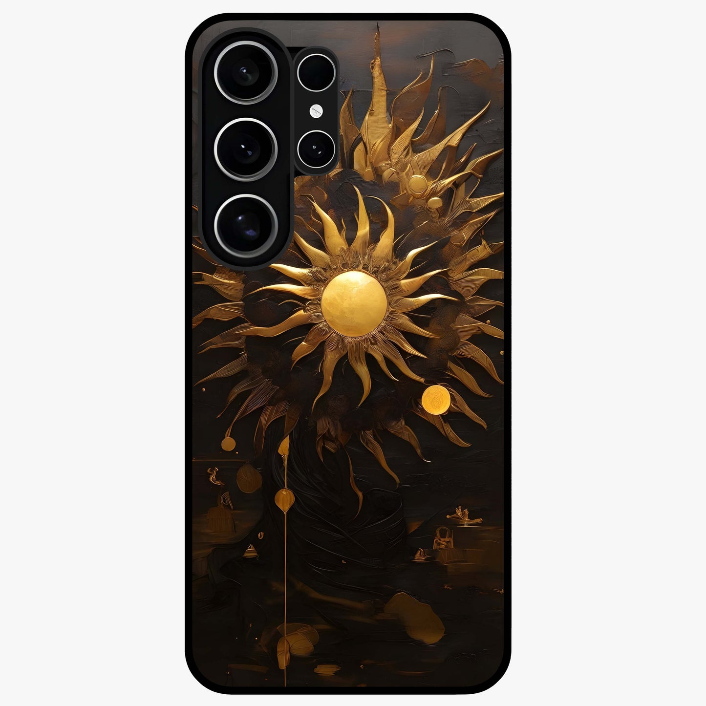 Golden Sun Majesty Glass Case showing flat back view with radiant golden sun artwork and glossy glass finish.