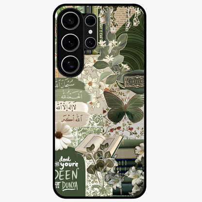 Green Islamic Books Quotes Glass Case showing flat back view with Islamic quotes and book themed artwork and glossy glass finish.