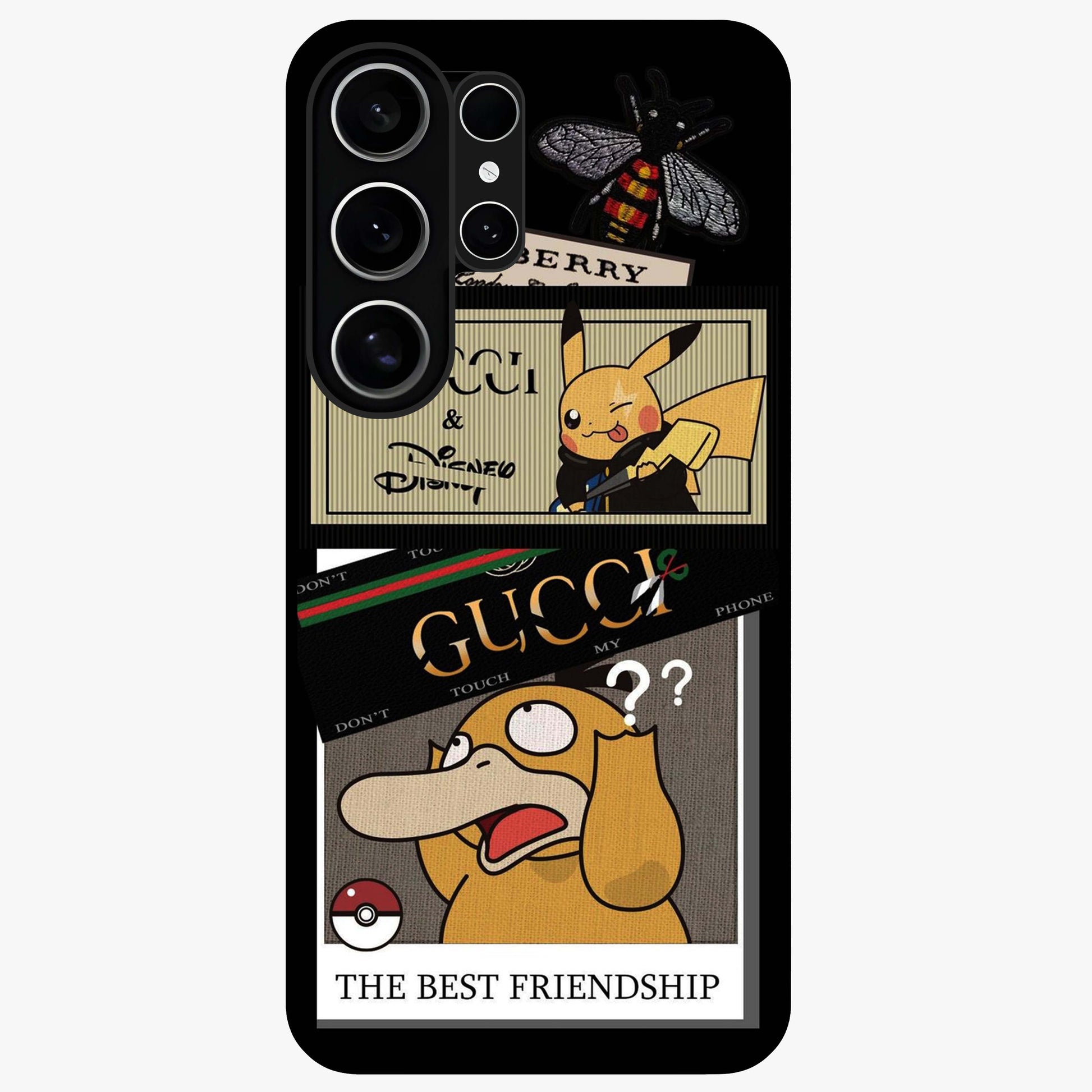 Gucci Play Mashup Glass Case showing flat back view with luxury inspired graphic artwork and glossy glass finish.