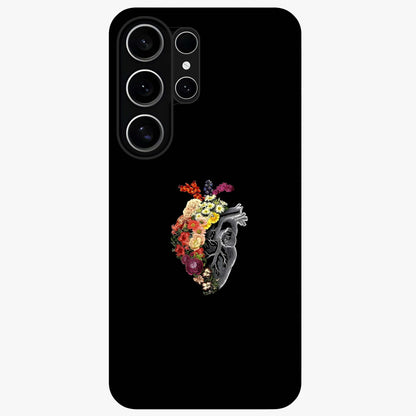 Heart With Flowers Glass Case showing flat back view with heart shaped floral artwork and glossy glass finish.