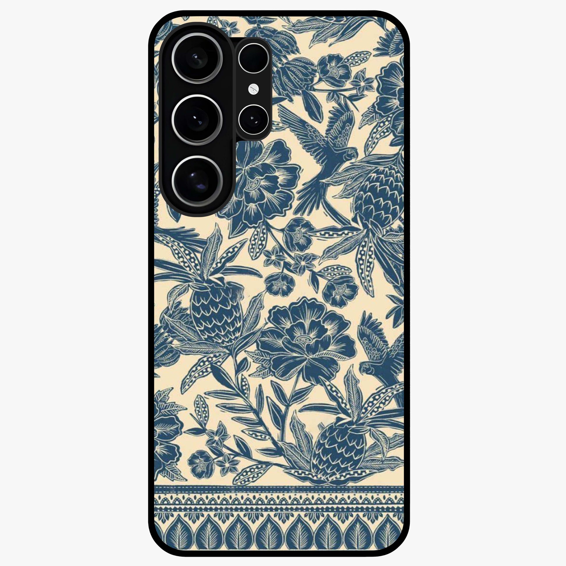Heirloom Wild Bloom Glass Case showing flat back view with vintage inspired wild flower artwork and glossy glass finish.
