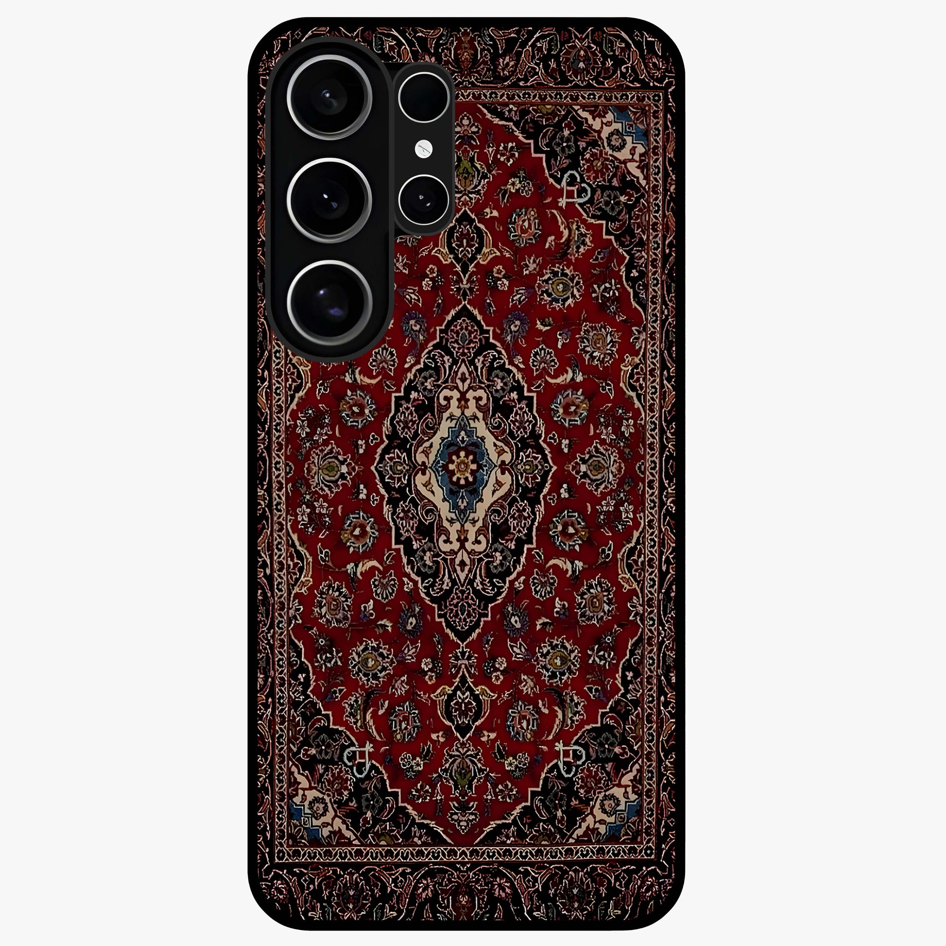 Heritage Carpet Royale Glass Case showing flat back view with ornate Persian carpet inspired pattern and glossy glass finish.