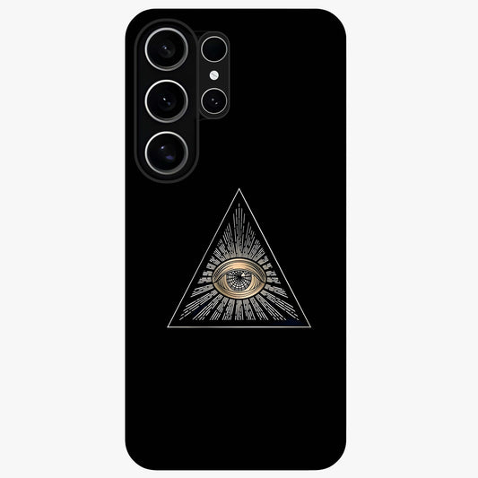 Illuminati Evil Glass Case showing flat back view with mysterious illuminati symbol artwork and glossy glass finish.