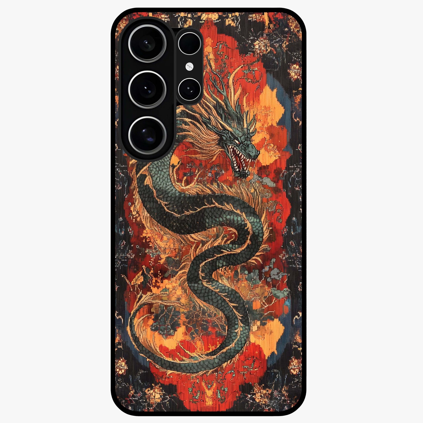 Inferno Dragon Soul Glass Case showing flat back view with fiery dragon artwork and glossy glass finish.