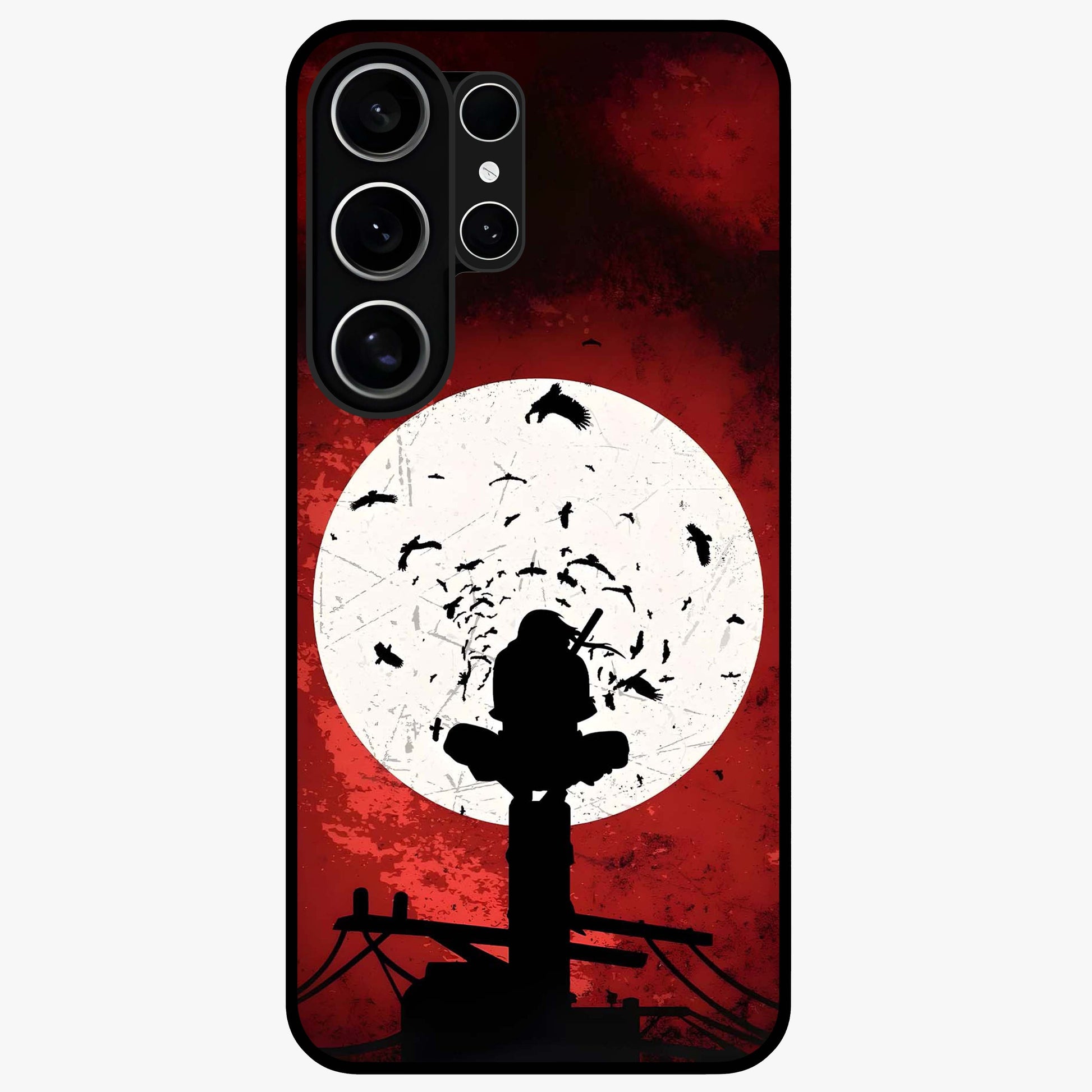 Itachi Sharingan Glass Case showing flat back view with powerful anime eye artwork and glossy glass finish.