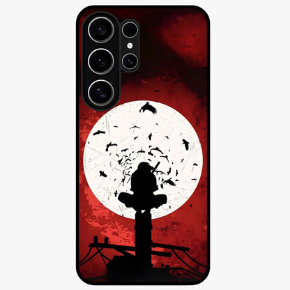 Itachi Sharingan Glass Case showing flat back view with powerful anime eye artwork and glossy glass finish.