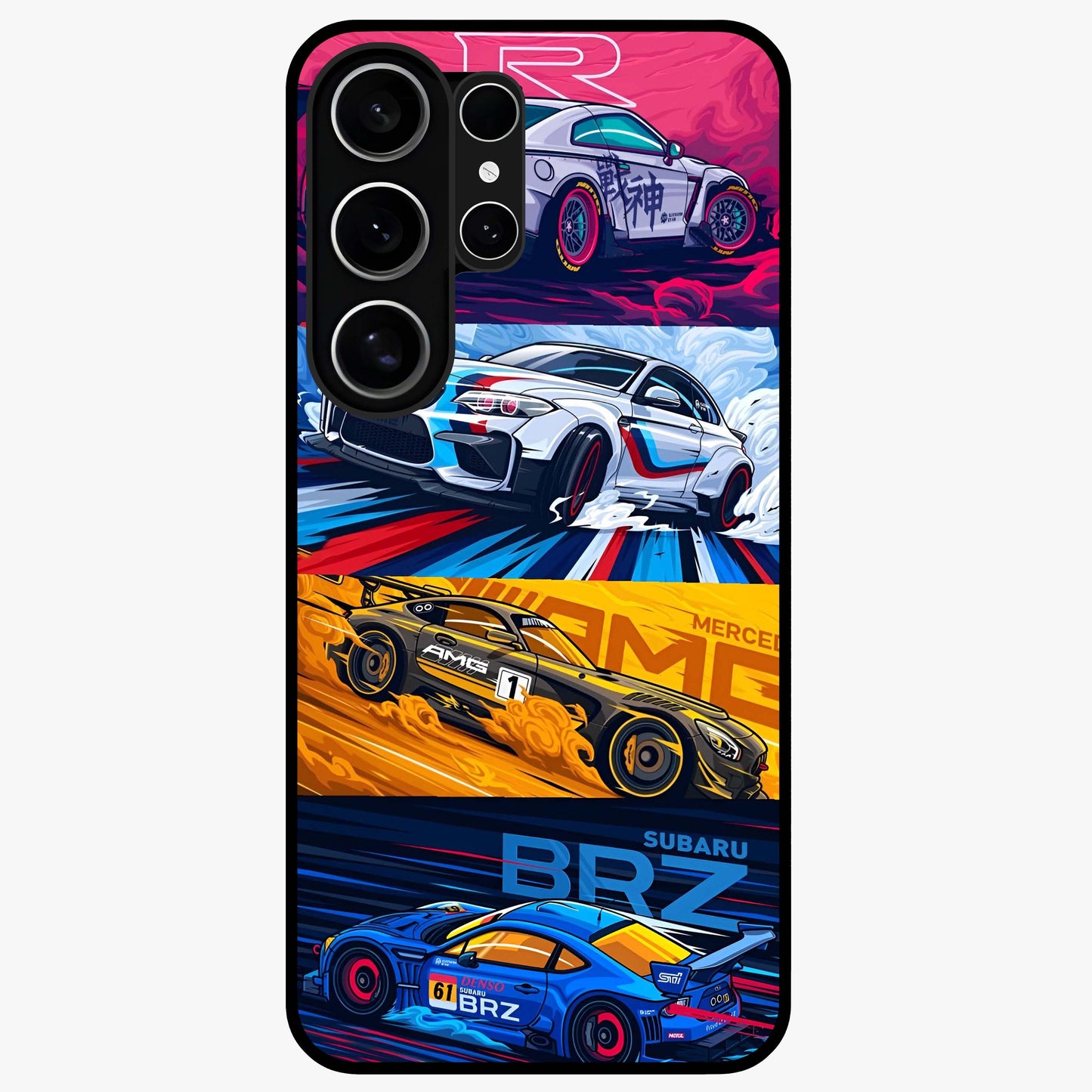 JDM Sports Car Glass Case showing flat back view with high performance sports car artwork and glossy glass finish.