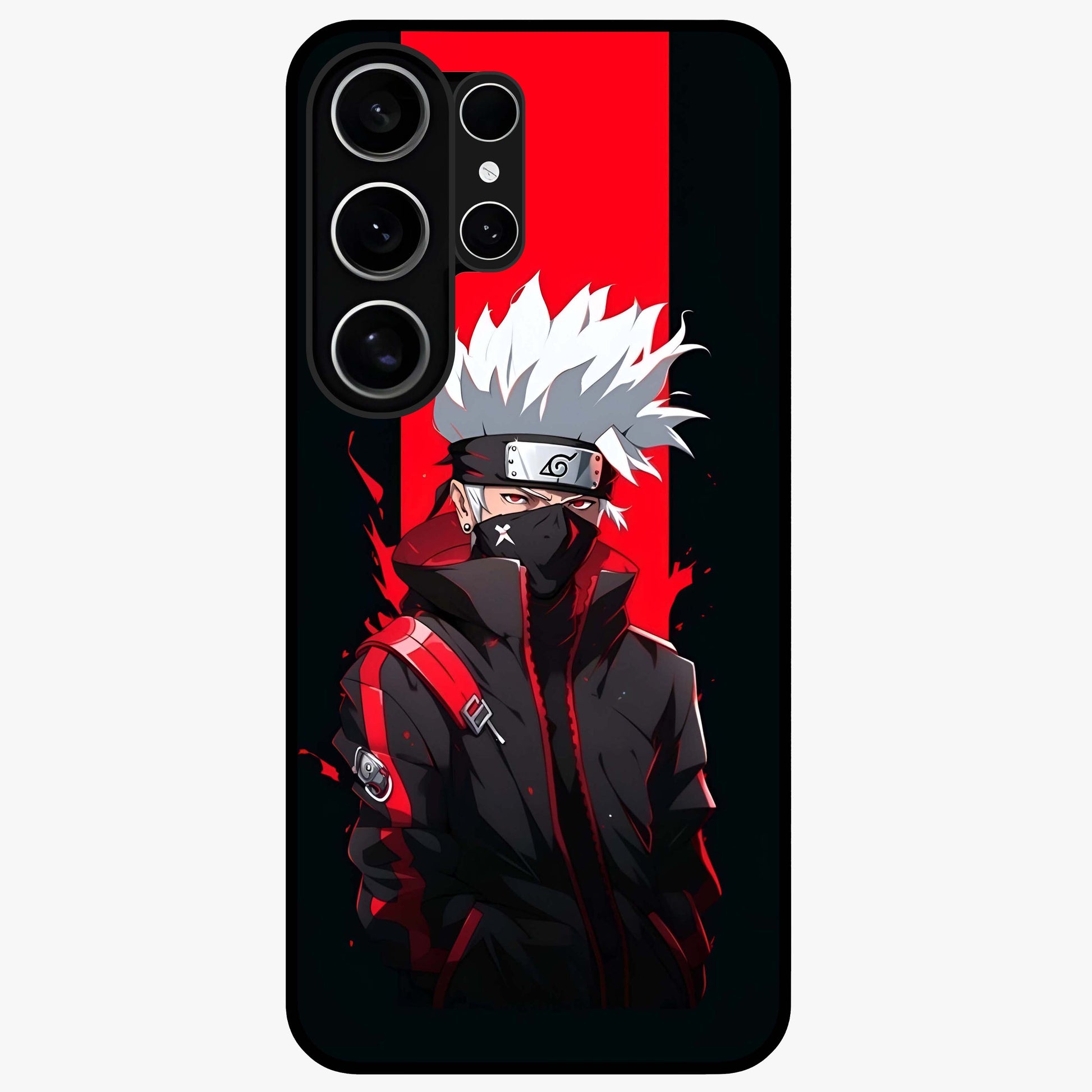 Kakashi Scarlet Shadow Glass Case showing flat back view with powerful anime ninja artwork and glossy glass finish.