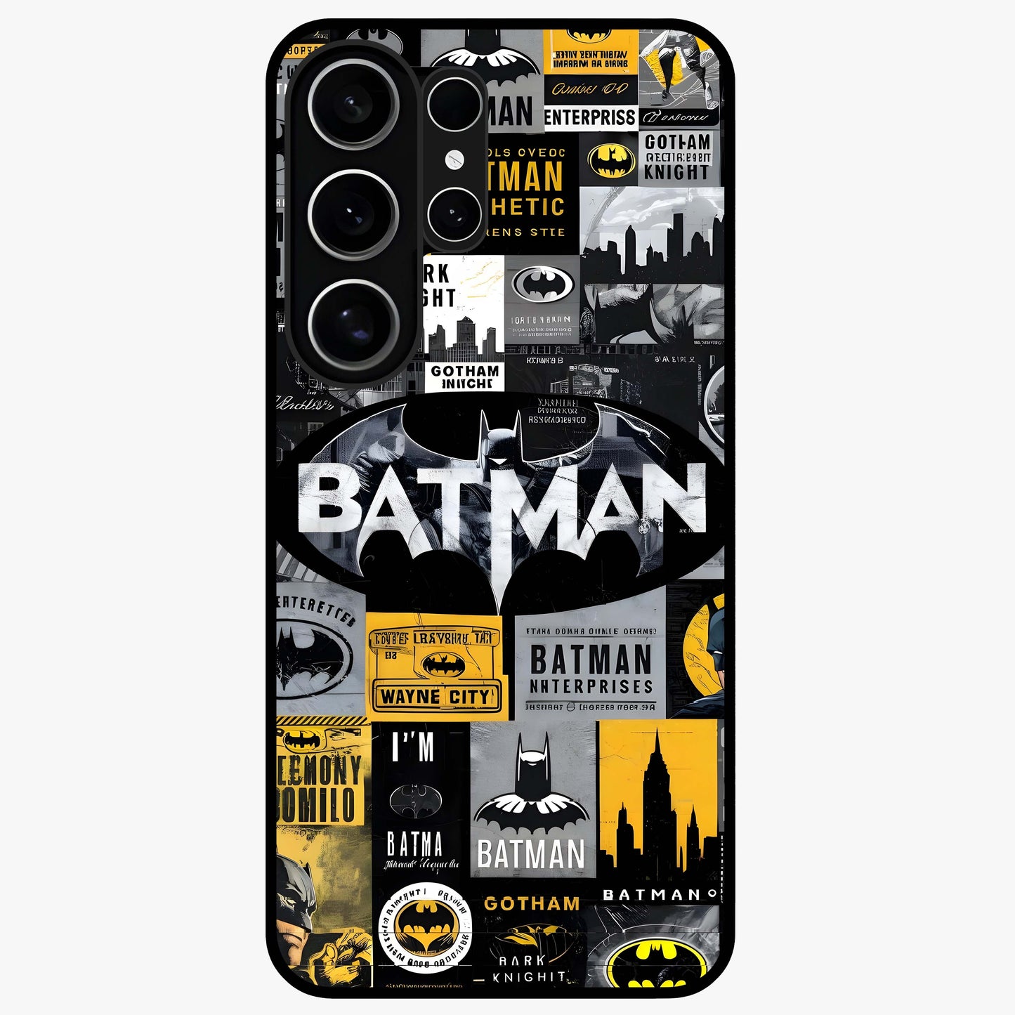 Knight Gotham Rise Glass Case showing flat back view with dark hero inspired artwork and glossy glass finish.