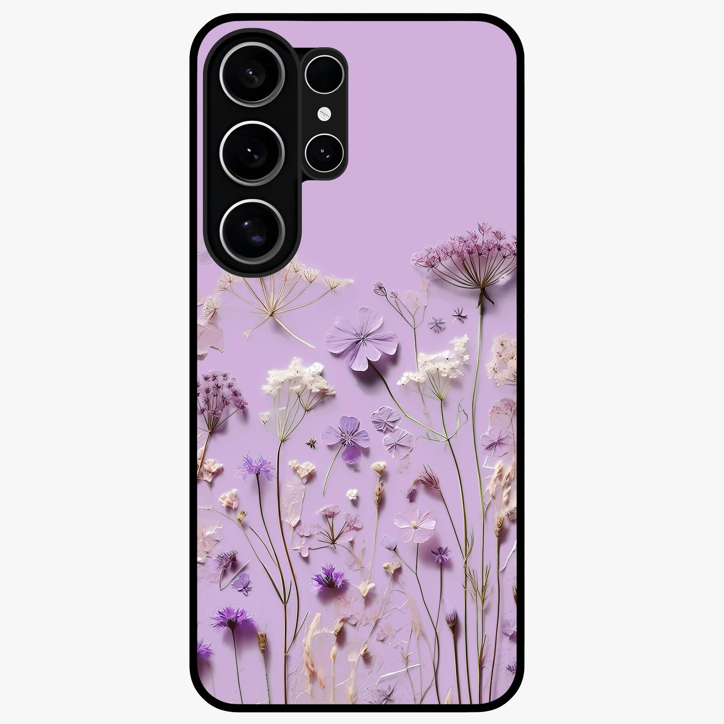 Lavender Blossom Dream Glass Case showing flat back view with soft lavender floral artwork and glossy glass finish.