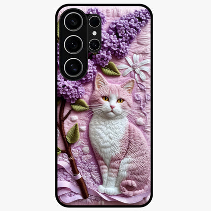 Lavender Cat Whimsy Glass Case showing flat back view with cute lavender cat artwork and glossy glass finish.