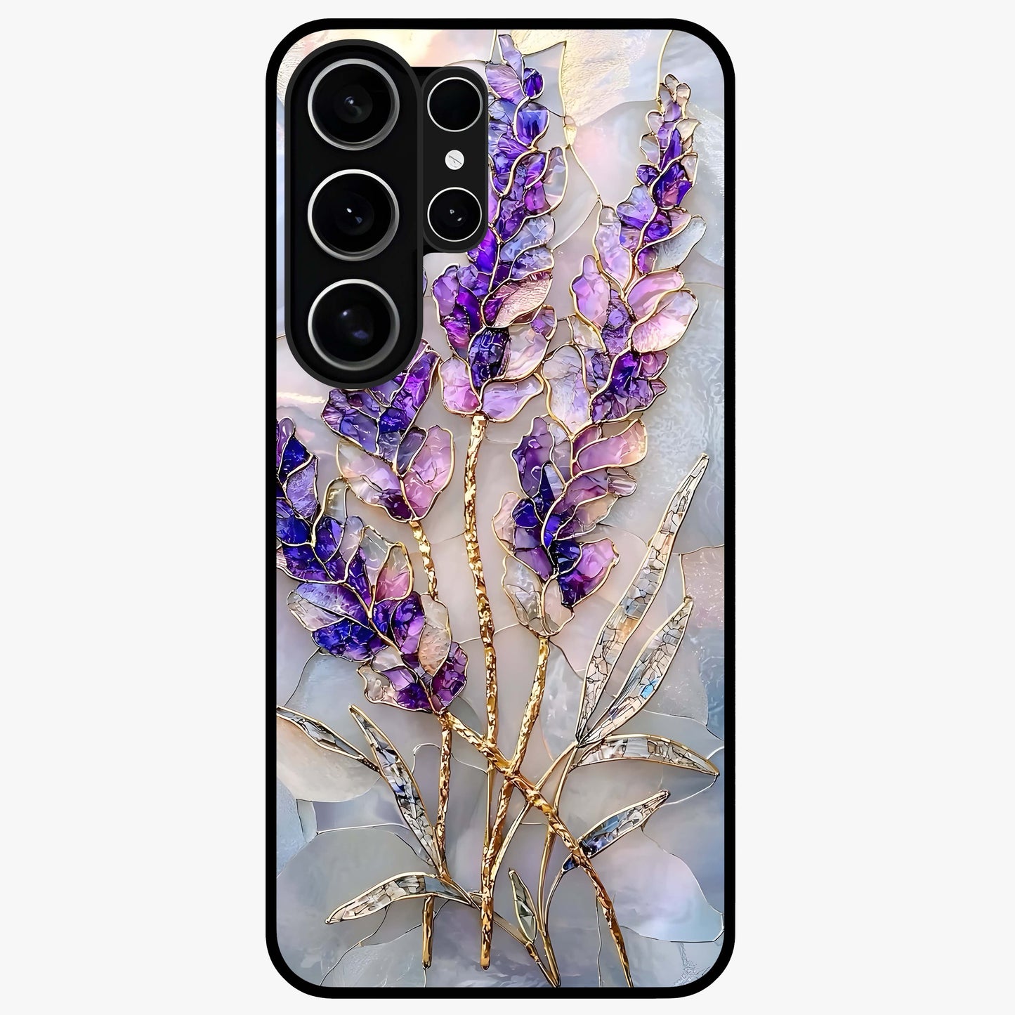 Lavender Dream Glow Glass Case showing flat back view with glowing lavender aesthetic artwork and glossy glass finish.