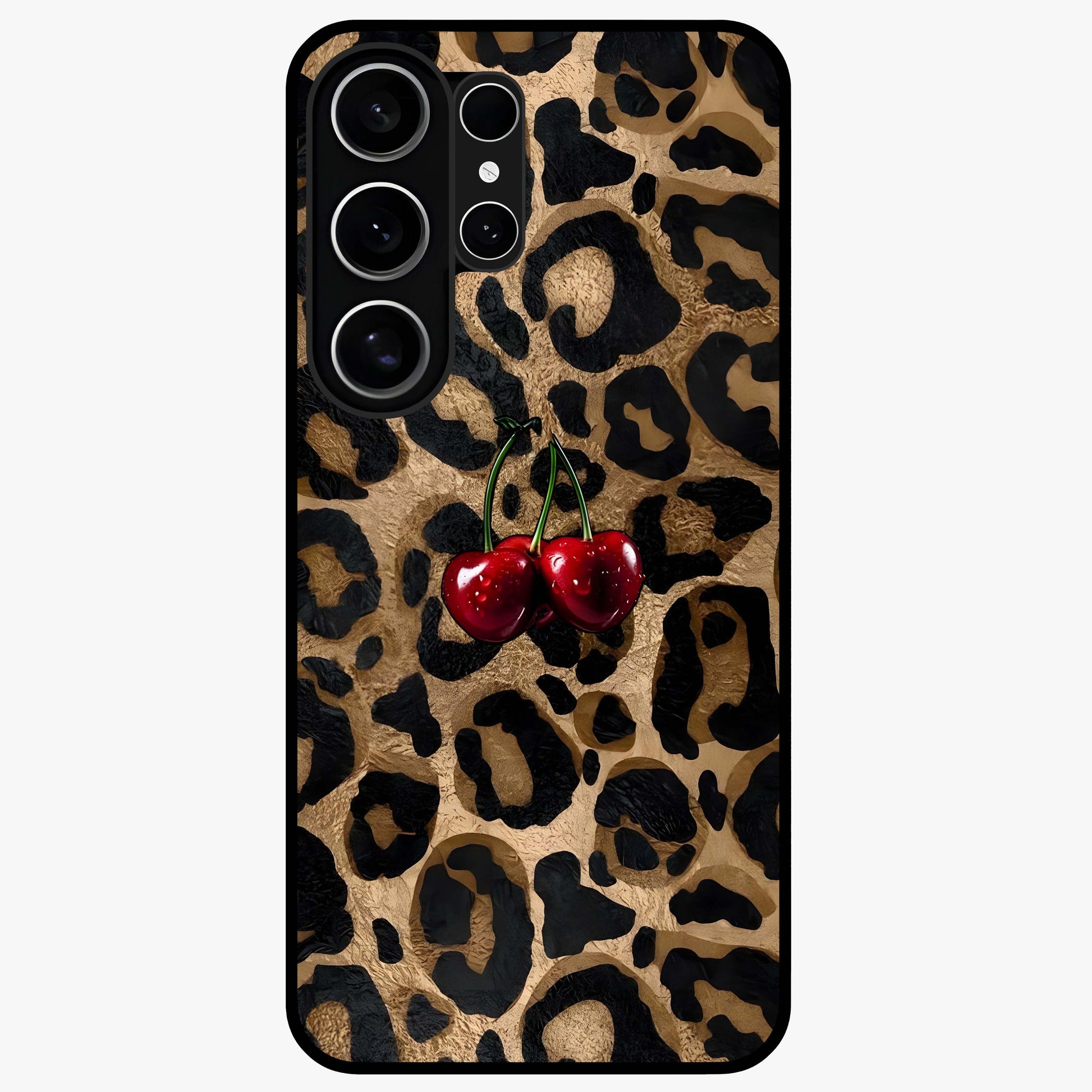 Leopard Wild Cherry Glass Case showing flat back view with leopard pattern and cherry artwork and glossy glass finish.