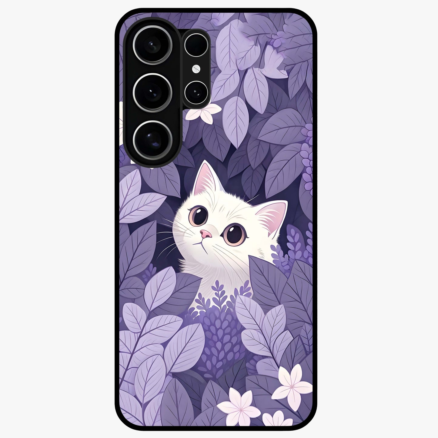 Lilac Hide Peek Cat Glass Case showing flat back view with cute peeking cat artwork and glossy glass finish.