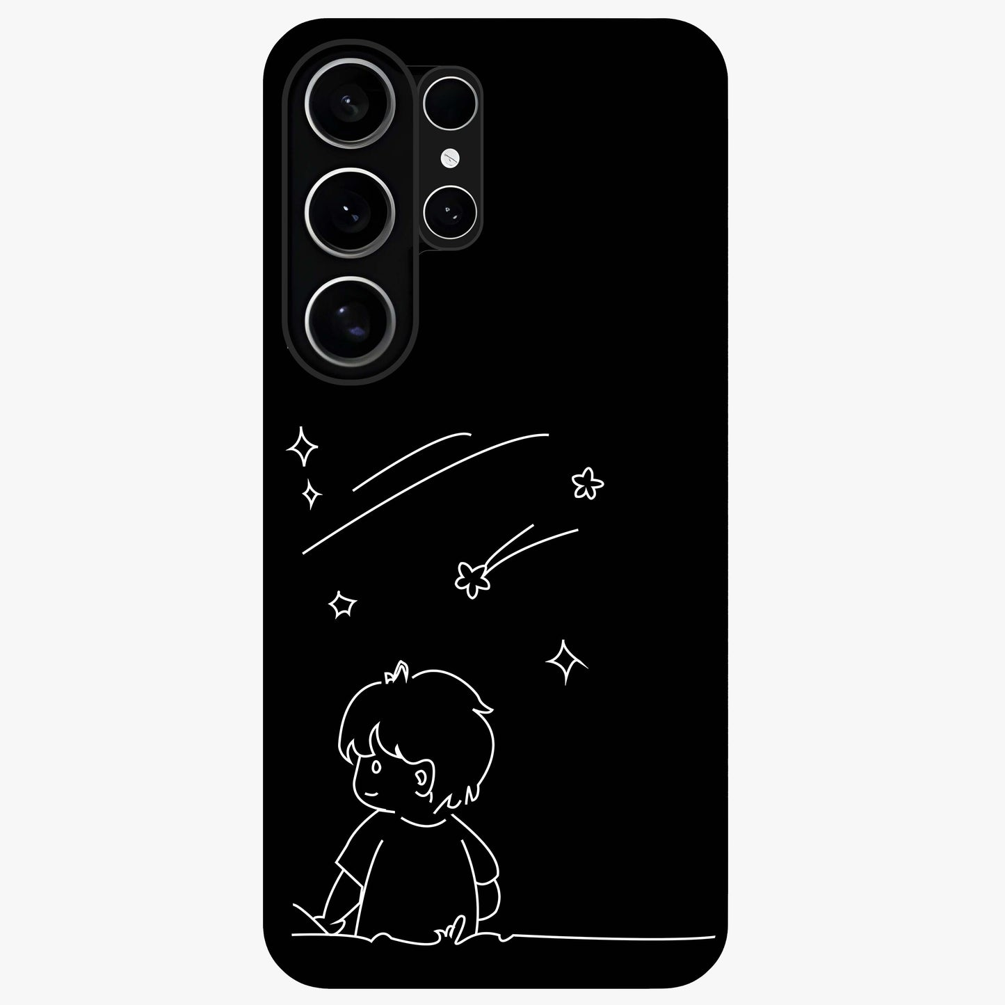 Line Art Boy With Shooting Stars Glass Case showing flat back view with minimal line art boy and shooting stars illustration and glossy glass finish.