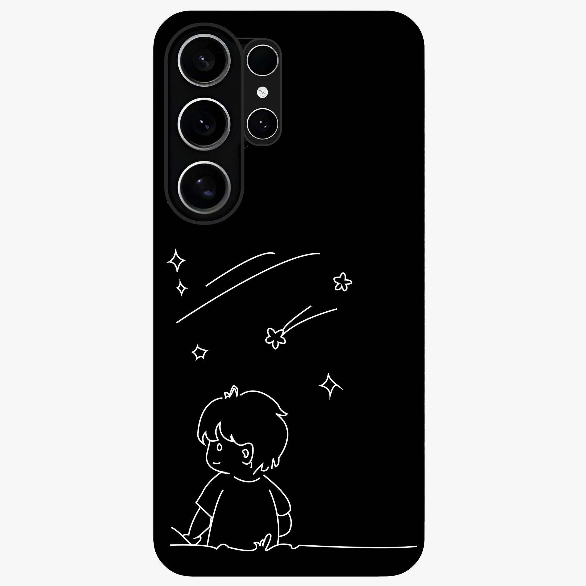 Line Art Boy With Shooting Stars Glass Case showing flat back view with minimal line art boy and shooting stars illustration and glossy glass finish.