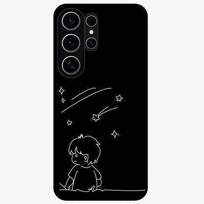 Line Art Boy With Shooting Stars Glass Case showing flat back view with minimal line art boy and shooting stars illustration and glossy glass finish.