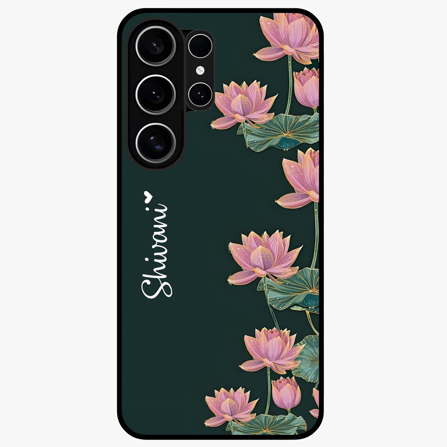 Lotus Bloom Serenity Custom Name Glass Case showing flat back view with elegant lotus flower artwork and personalized name design.
