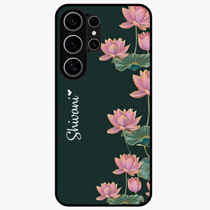 Lotus Bloom Serenity Custom Name Glass Case showing flat back view with elegant lotus flower artwork and personalized name design.
