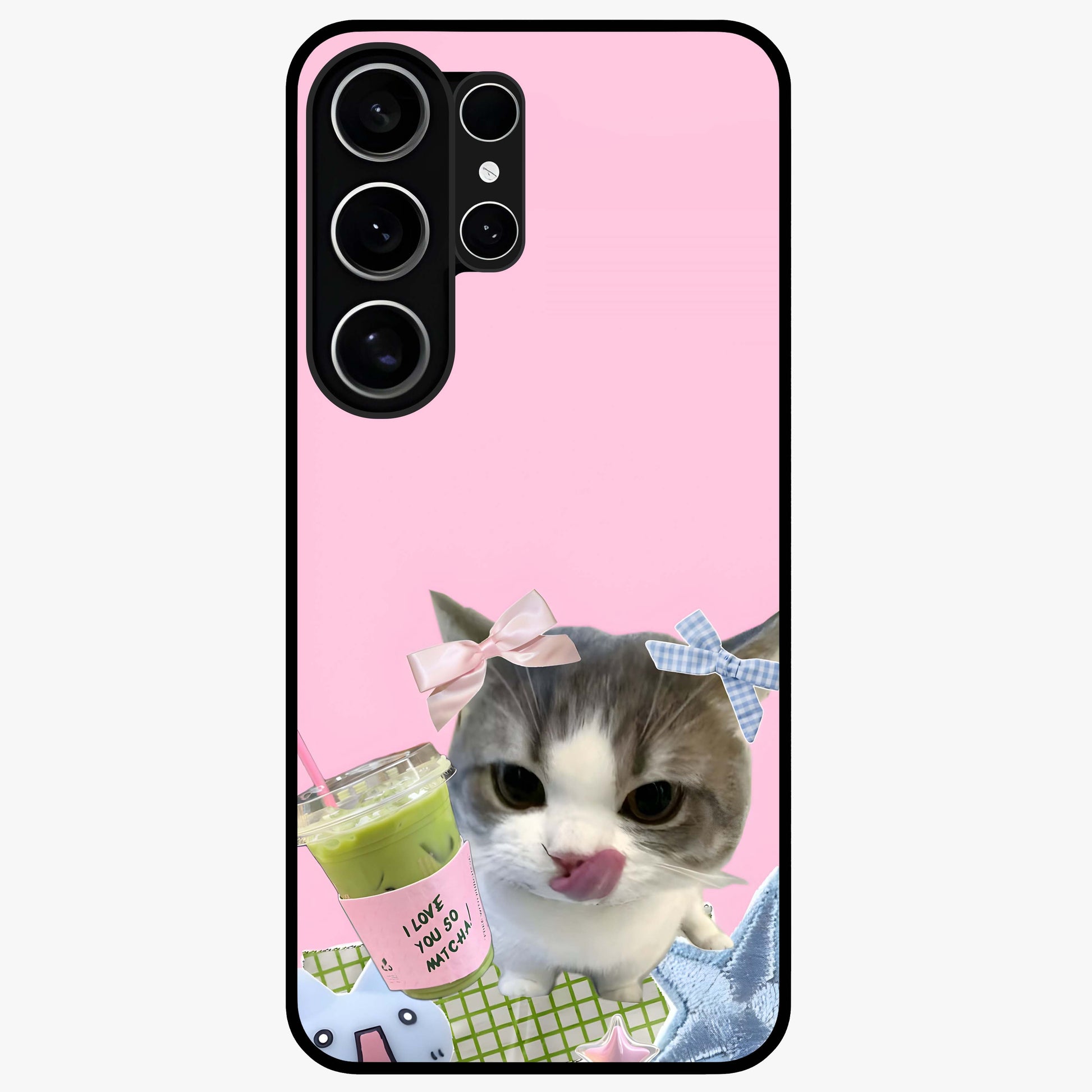 Love Matcha Cat Glass Case showing flat back view with cute cat and matcha themed artwork and glossy glass finish.