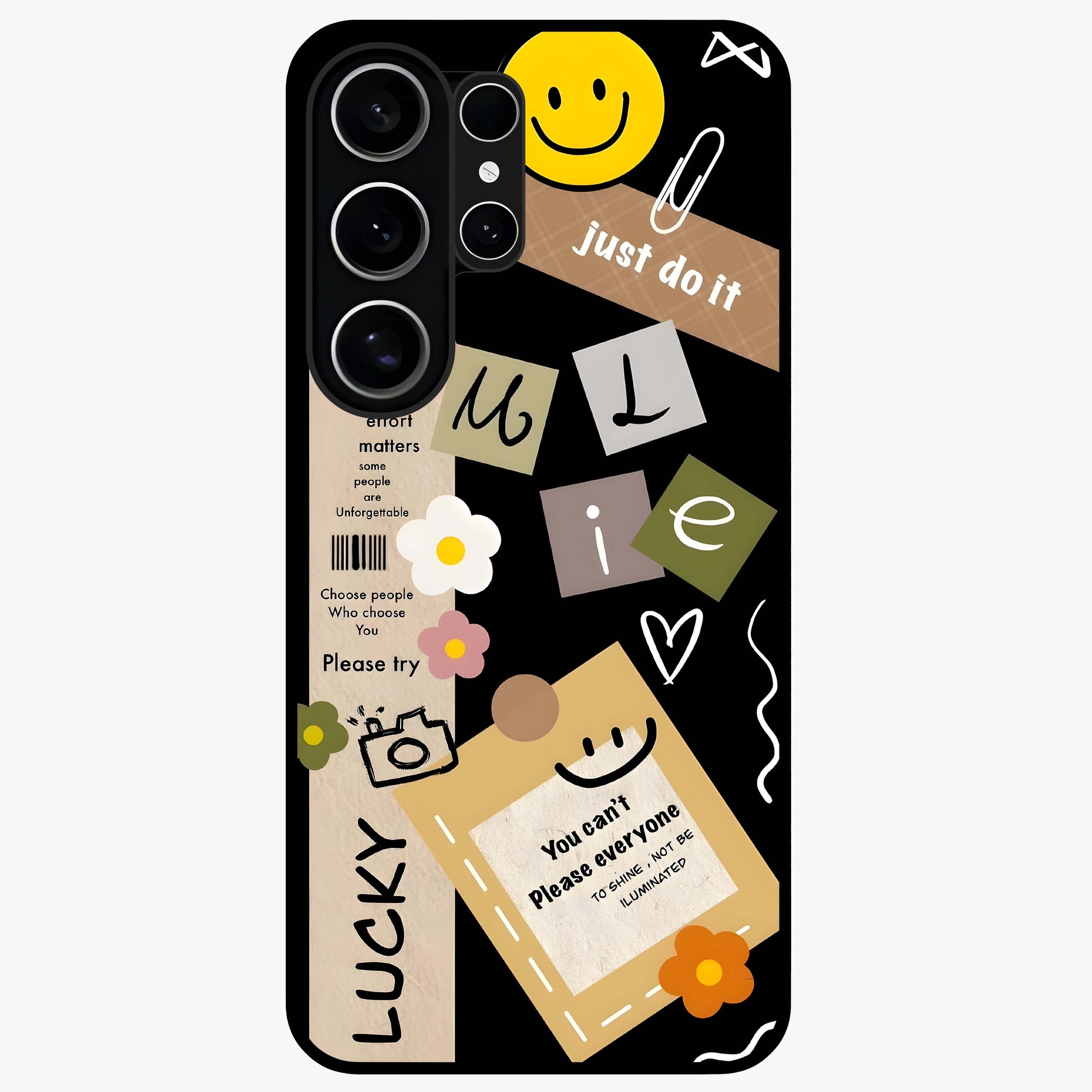 Lucky Aesthetic Collage Glass Case showing flat back view with trendy aesthetic collage artwork and glossy glass finish.