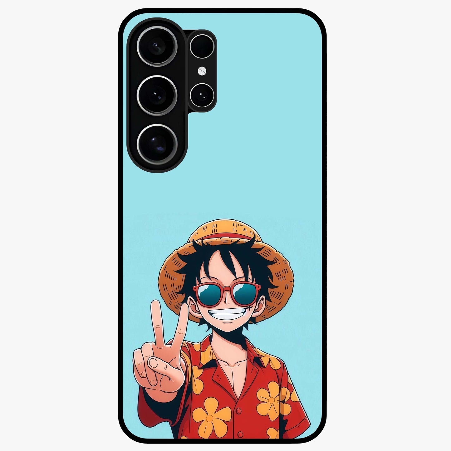 Luffy Summer Anime Vibe Glass Case showing flat back view with vibrant anime character artwork and glossy glass finish.