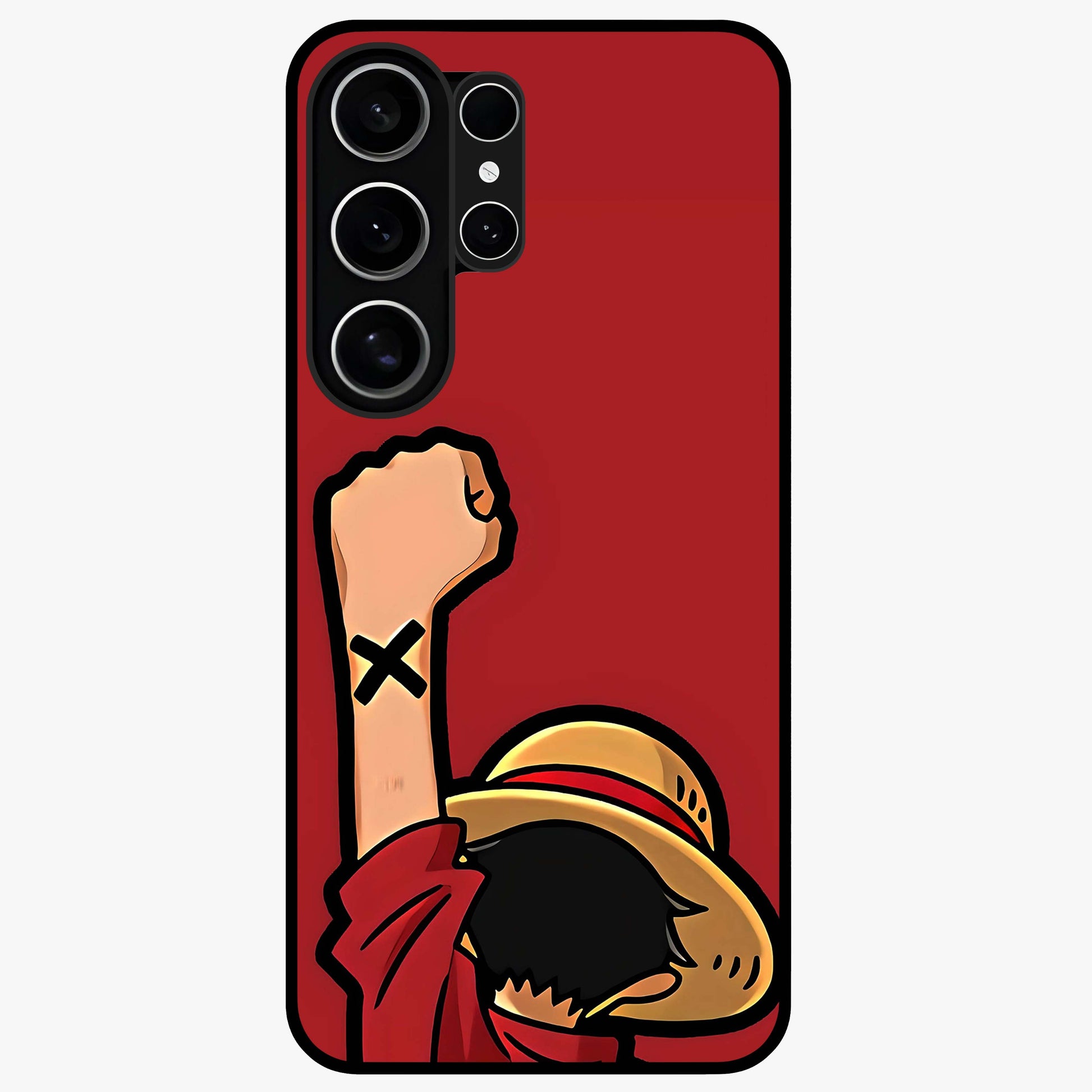 Luffy X Spirit Glass Case showing flat back view with bold anime character artwork and glossy glass finish.