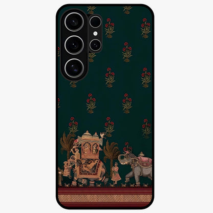 Macmerise Glass Case showing flat back view with stylish modern artwork and glossy glass finish.