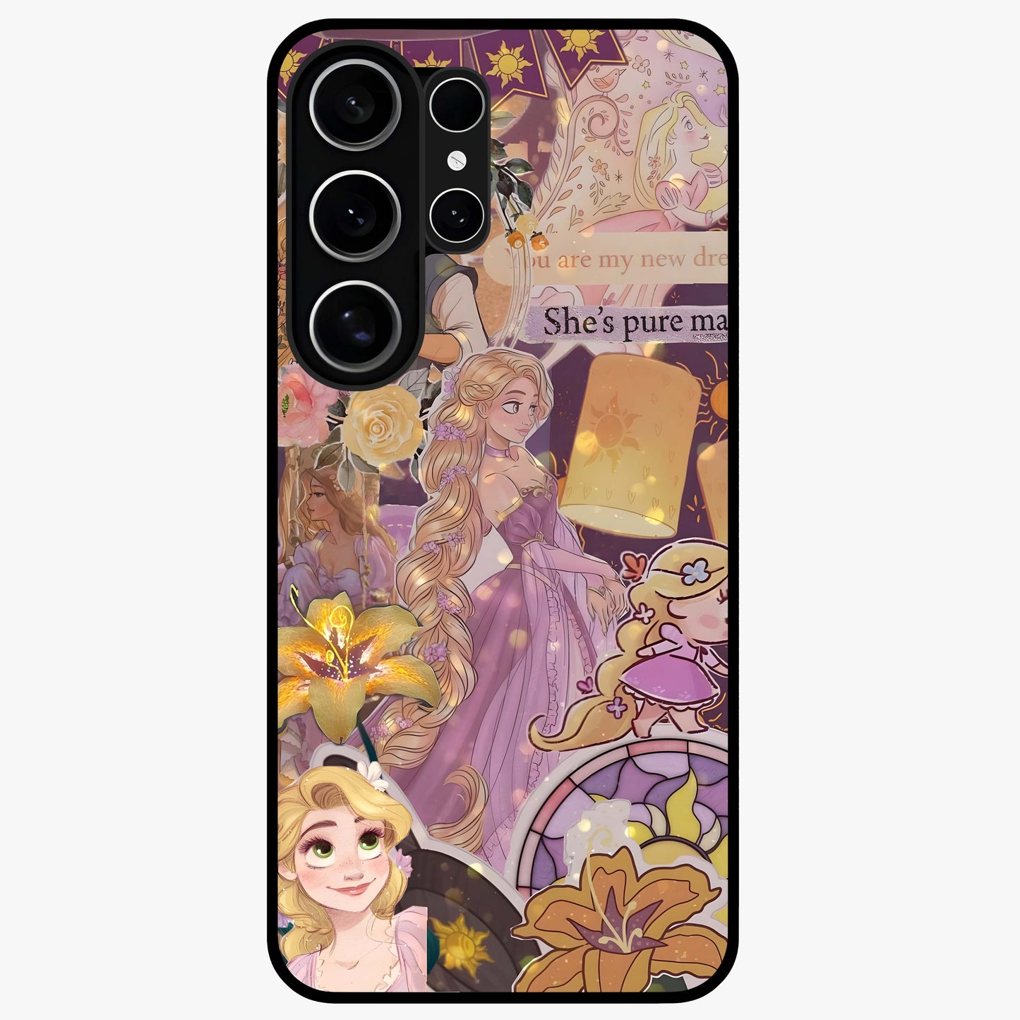 Magical Tangled Dream Glass Case showing flat back view with dreamy tangled artwork and glossy glass finish.