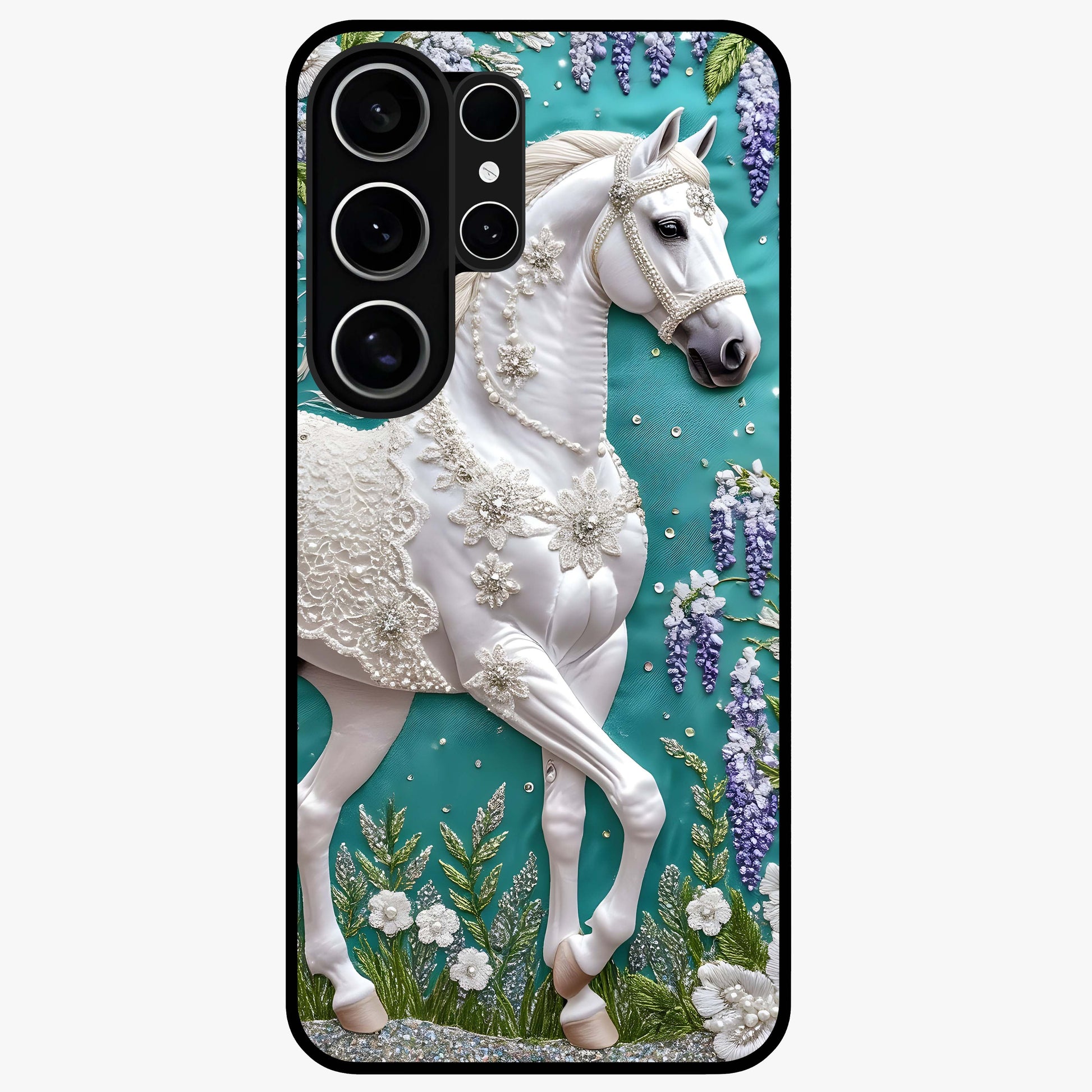 Majestic Floral Stallion Glass Case showing flat back view with powerful horse and floral artwork and glossy glass finish.