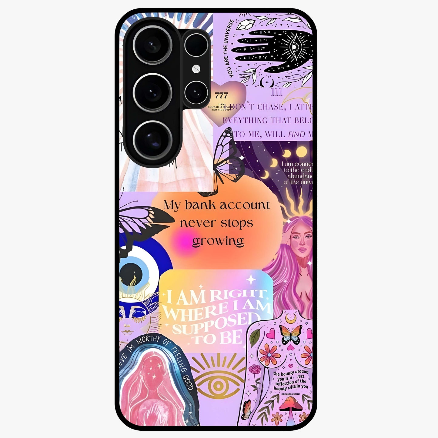 Manifestation Collage Glass Case showing flat back view with motivational collage artwork and glossy glass finish.