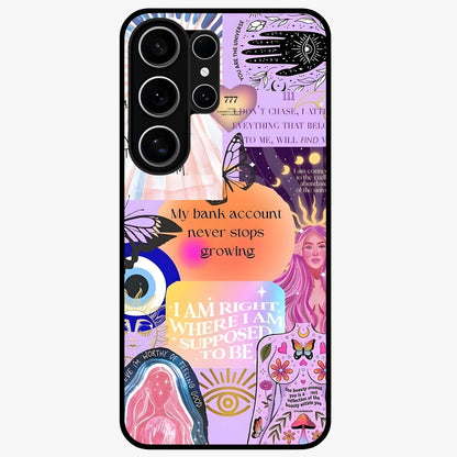 Manifestation Collage Glass Case showing flat back view with motivational collage artwork and glossy glass finish.