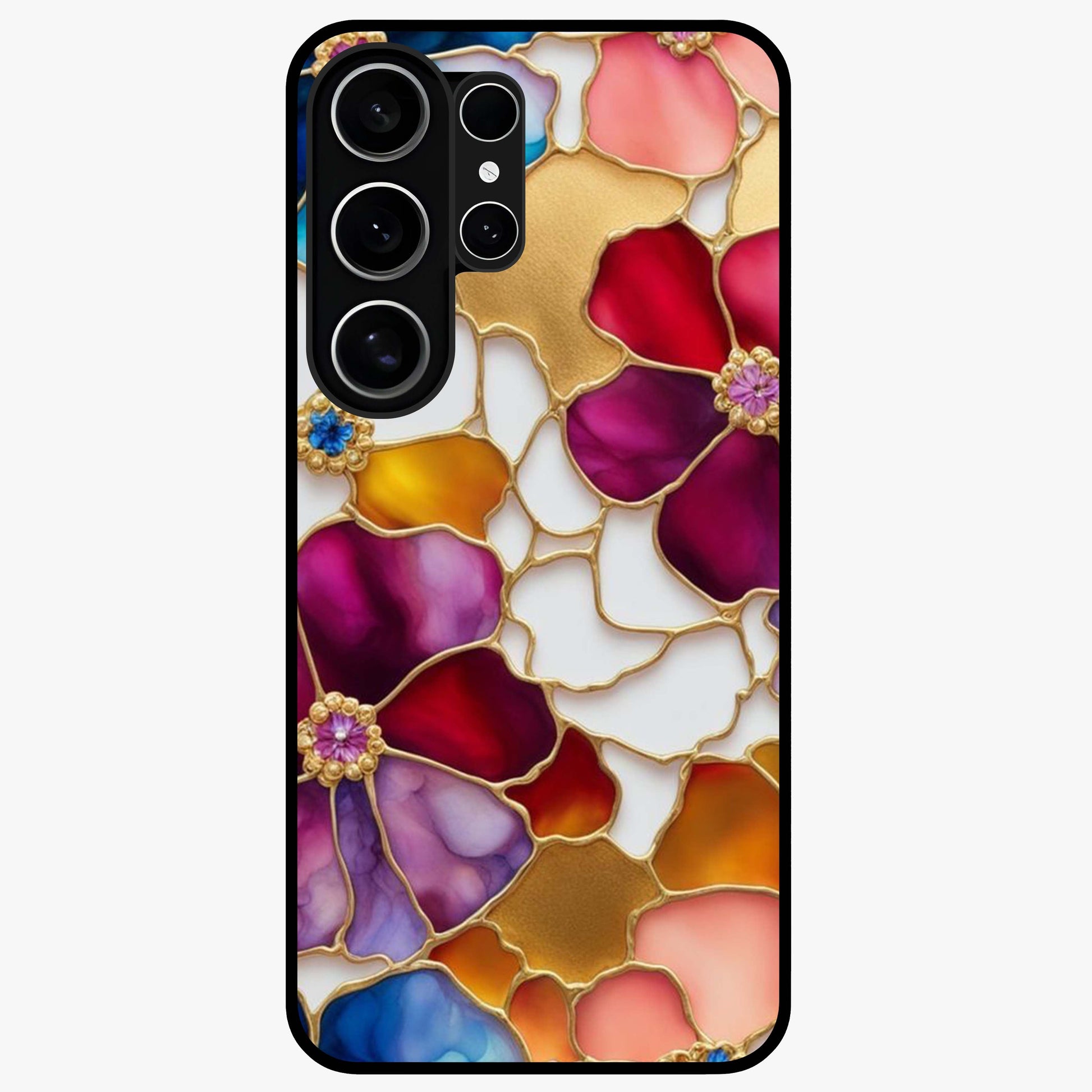 Marble Flower Pattern Glass Case showing flat back view with marble texture floral artwork and glossy glass finish.