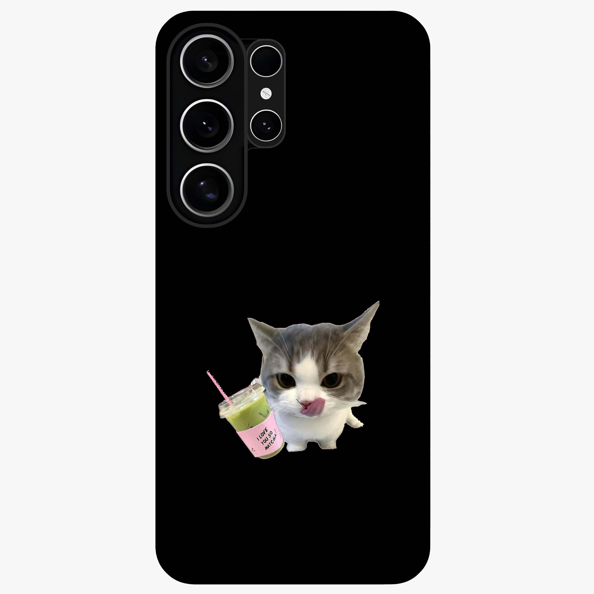 Matcha Cat Style Glass Case showing flat back view with cute matcha themed cat artwork and glossy glass finish.