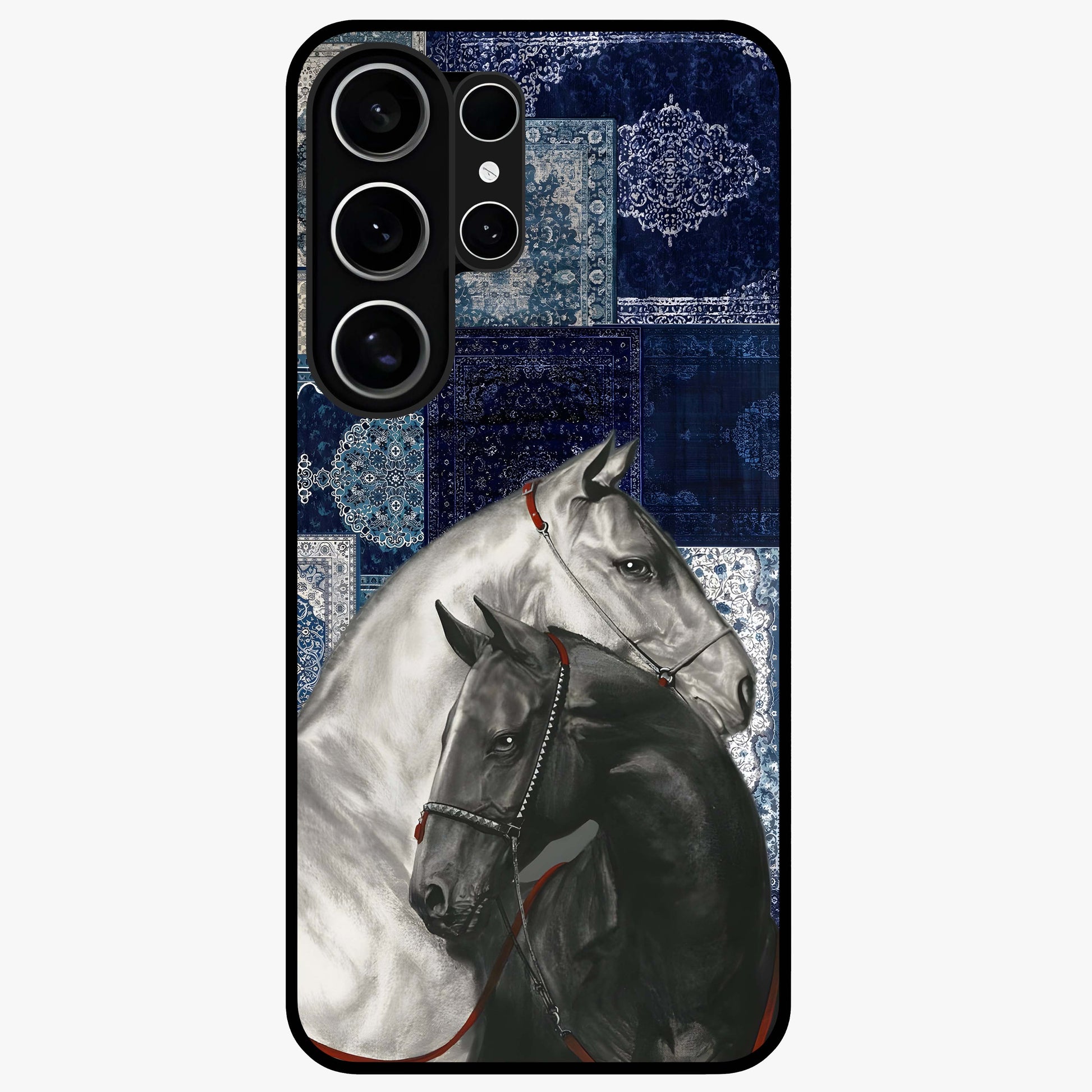 Midnight Stallion Blues Glass Case showing flat back view with majestic horse artwork and glossy glass finish.
