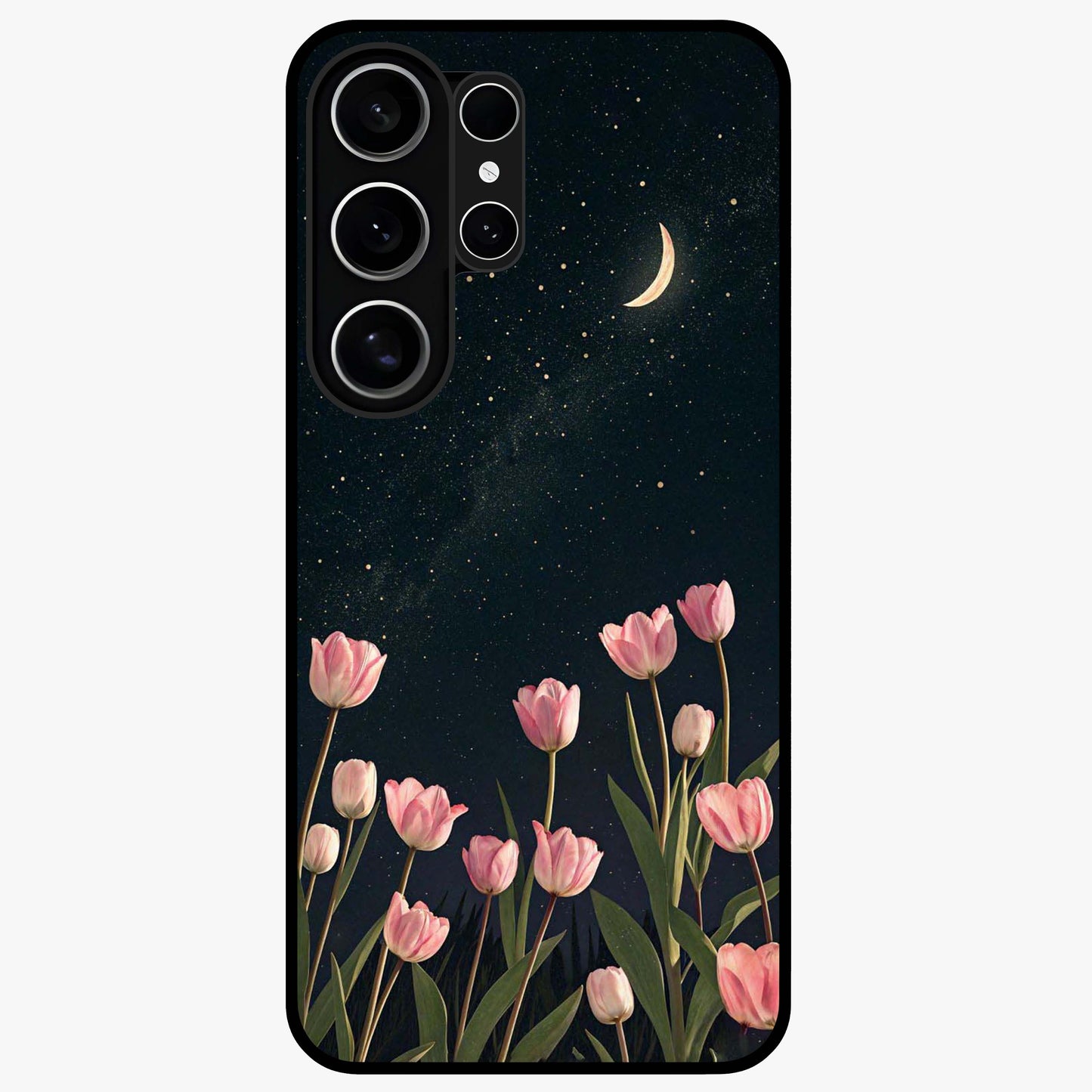 Midnight Tulip Whispers Vibe Glass Case showing flat back view with elegant tulip flower artwork and glossy glass finish.