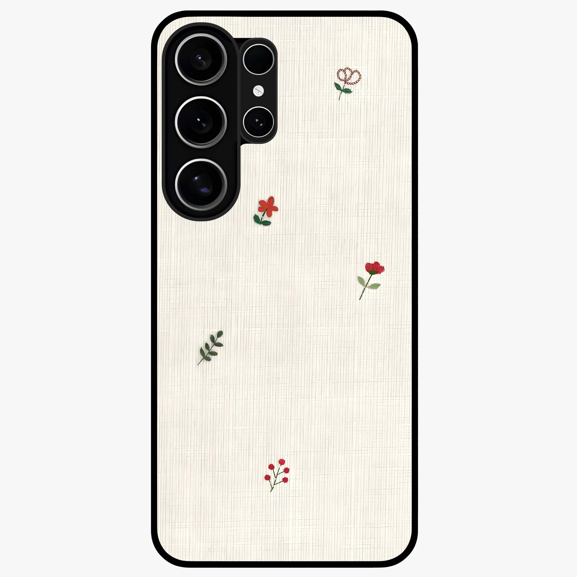 Minimal Petal Whispers Glass Case showing flat back view with soft minimal floral artwork and glossy glass finish.