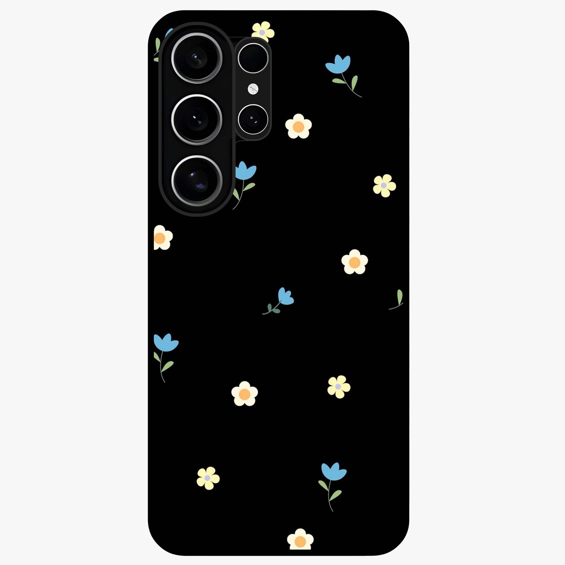 Minimalistic Blue With White Flower Pattern Glass Case showing flat back view with blue background and white flower pattern and glossy glass finish.