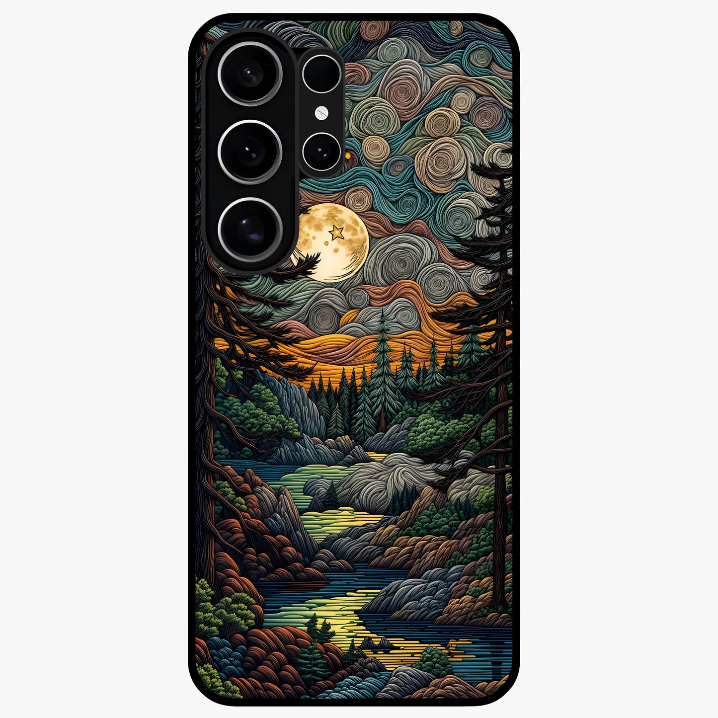 Moonlight Forest Dream Glass Case showing flat back view with mystical forest moonlight artwork and glossy glass finish.