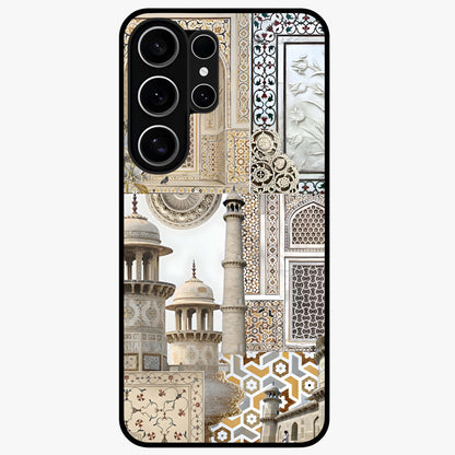 Mughal Marble Legacy Glass Case showing flat back view with intricate Mughal inspired marble pattern and glossy glass finish.
