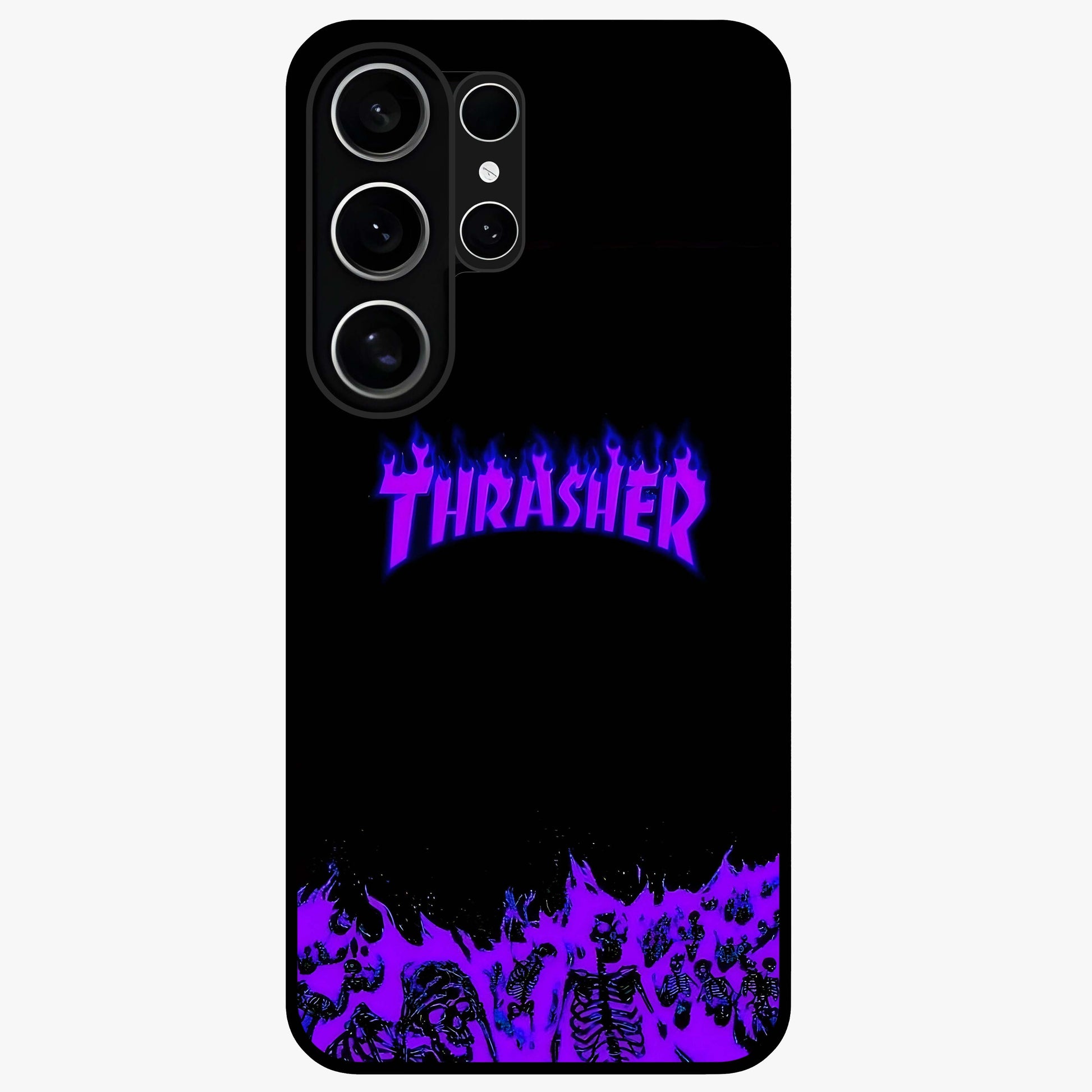 Neon Flame Riot Glass Case showing flat back view with neon flame artwork and glossy glass finish.