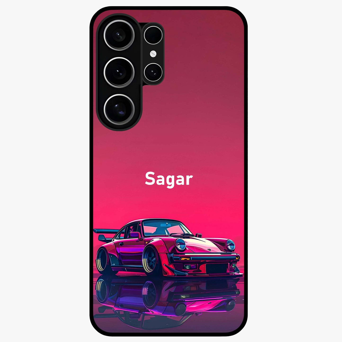 Neon Pink Porsche Glass Case showing flat back view with stylish sports car artwork and glossy glass finish.