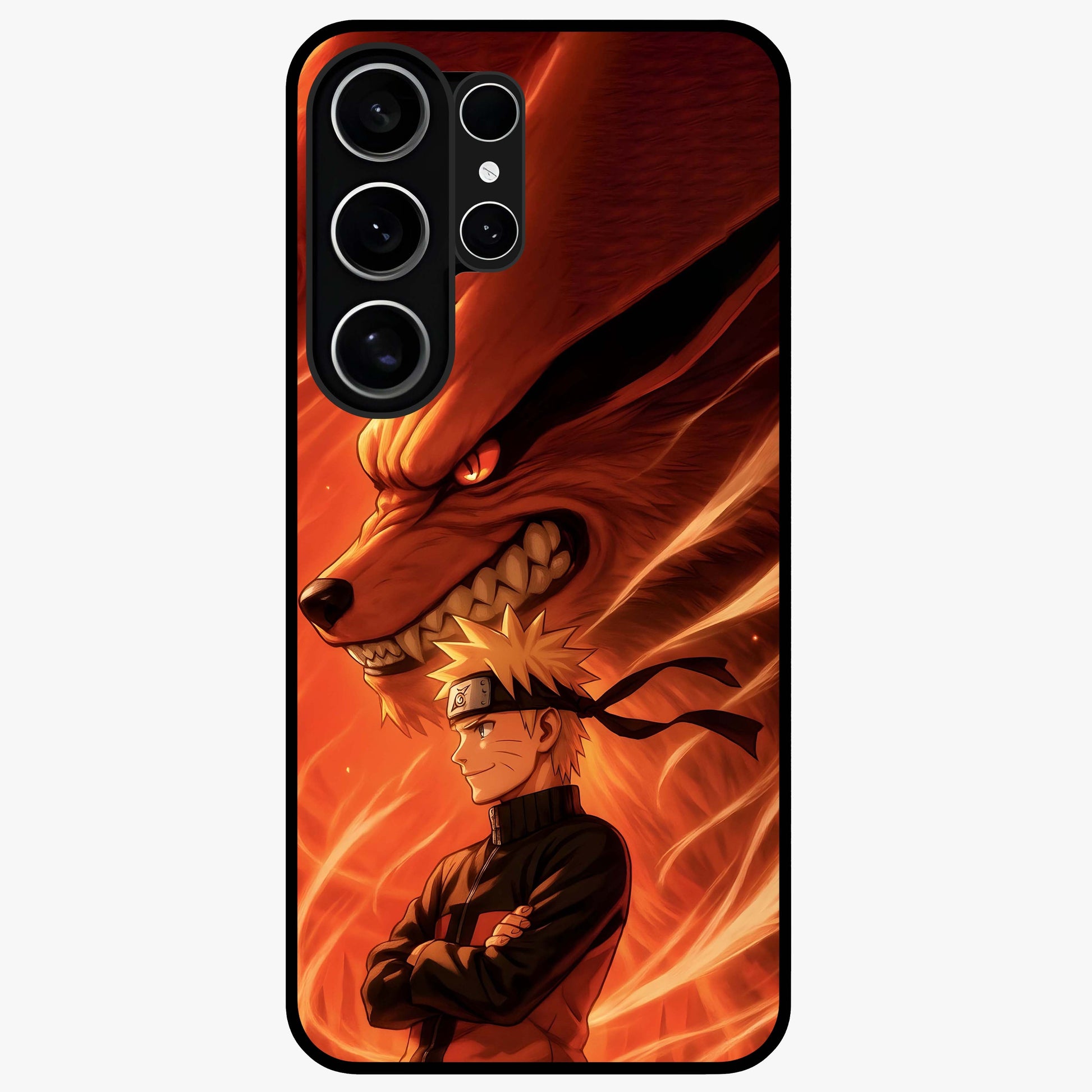 Nine Tails Legacy Glass Case showing flat back view with powerful nine-tailed fox inspired artwork and glossy glass finish.