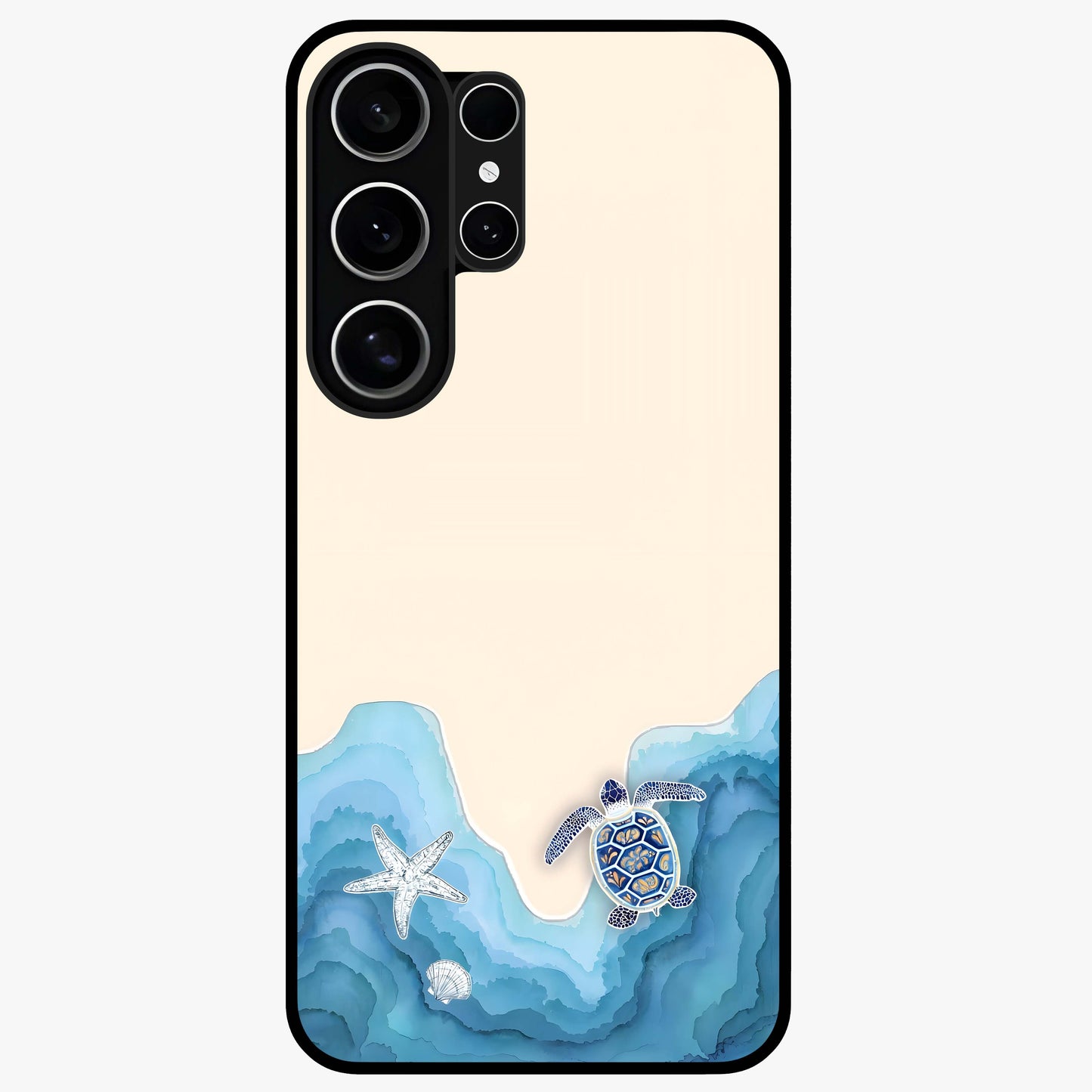 Ocean Drift Turtle Glass Case showing flat back view with sea turtle artwork and glossy glass finish.