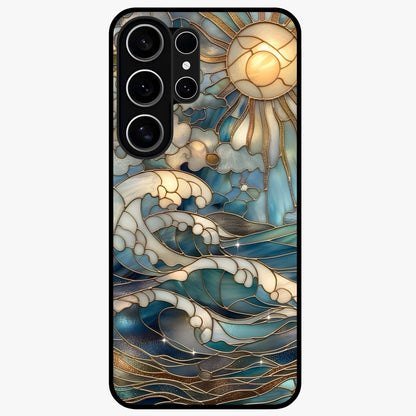 Oceanic Stained Printed Glass Case showing flat back view with ocean inspired stained pattern artwork and glossy glass finish.